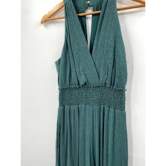 Anthropologie S Bionda Plisse Jumpsuit Green Sleeveless Smocked Wide Leg - Picture 3 of 7